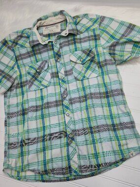 Roebuck & Co Western Shirt Men's Medium Green Grey Plaid Pearl Snap Short Sleeve